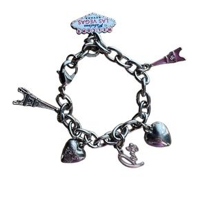 Silver and Enamel Travel Charm Bracelet Vegas Eiffel Tower Paris Puffy Hearts